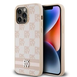 Etui DKNY Leather Checkered Mono Pattern & Printed Stripes na iPhone 14 Pro Max - różowe DKNY