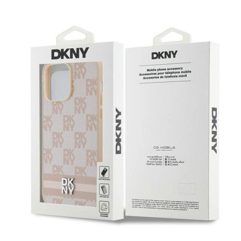 Etui DKNY Leather Checkered Mono Pattern & Printed Stripes na iPhone 14 Pro Max - różowe DKNY