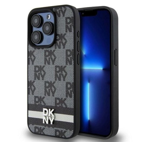 Etui DKNY Leather Checkered Mono Pattern & Printed Stripes na iPhone 15 Pro - czarne DKNY