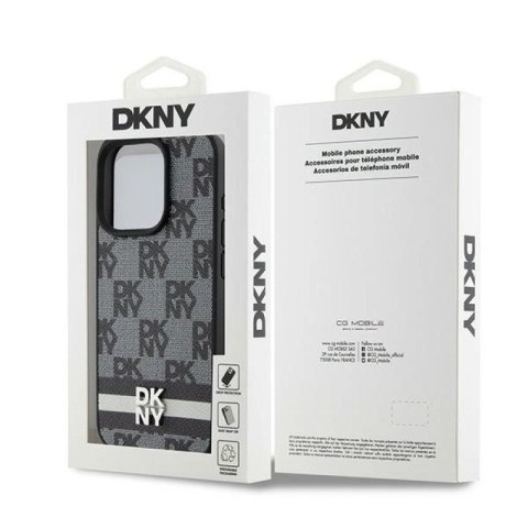 Etui DKNY Leather Checkered Mono Pattern & Printed Stripes na iPhone 15 Pro - czarne DKNY