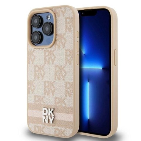 Etui DKNY Leather Checkered Mono Pattern & Printed Stripes na iPhone 15 Pro - różowe DKNY