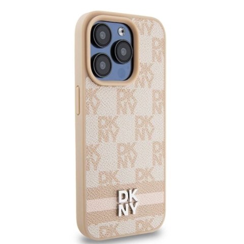 Etui DKNY Leather Checkered Mono Pattern & Printed Stripes na iPhone 15 Pro - różowe DKNY