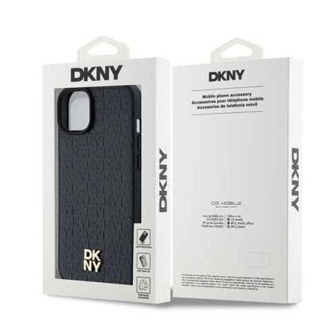 Etui DKNY Leather Monogram Pattern Metal Logo MagSafe na iPhone 15 Plus / 14 Plus - czarne DKNY