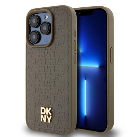 Etui DKNY Leather Pattern Metal Logo MagSafe na iPhone 14 Pro - brązowe DKNY