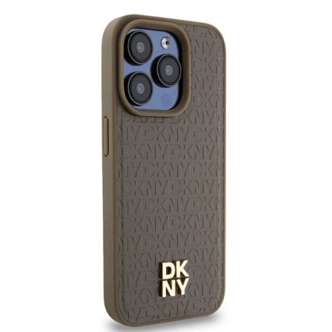 Etui DKNY Leather Pattern Metal Logo MagSafe na iPhone 14 Pro - brązowe DKNY