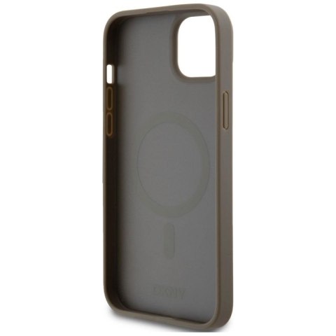 Etui DKNY Leather Pattern Metal Logo MagSafe na iPhone 15 Plus / 14 Plus - brązowe DKNY