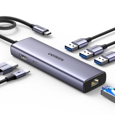 HUB Ugreen CM512 15598 6w1 USB-C - 3x USB-A 3.0 / HDMI / RJ45 / USB-C PD - szary UGREEN