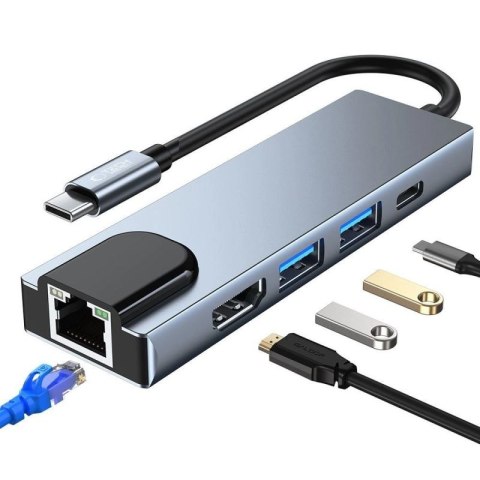 HUB Tech-Protect V3 5w1 USB-C - USB-A 3.0 / USB-A 2.0 / USB-C / HDMI / RJ45 - szary Tech-Protect