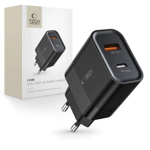 Ładowarka Tech-Protect C30W sieciowa USB-C PD 30W / USB-A QC 3.0 - czarna Tech-Protect