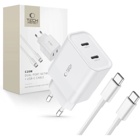 Ładowarka Tech-Protect C20W sieciowa 2x USB-C PD 20W z kablem USB-C / USB-C - biała Tech-Protect