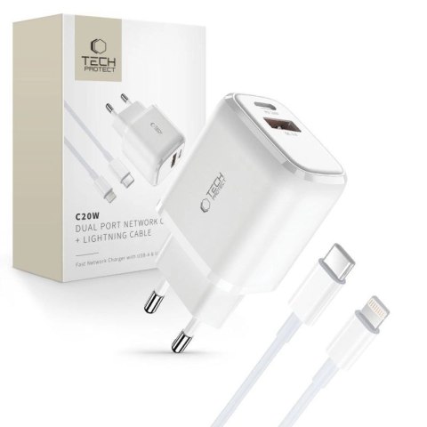 Ładowarka Tech-Protect C20W sieciowa USB-C PD 20W / USB-A QC 3.0 z kablem USB-C / Lightning - biała Tech-Protect