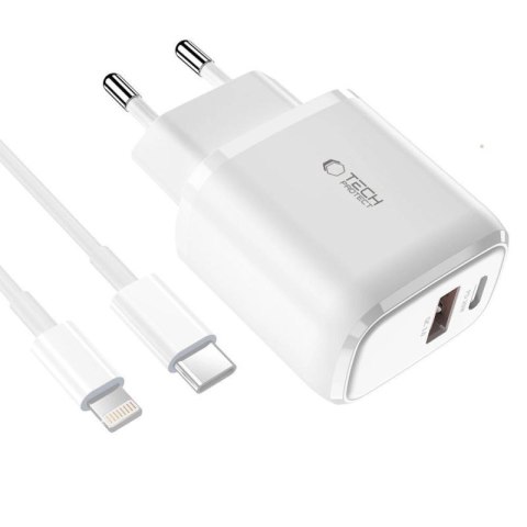 Ładowarka Tech-Protect C20W sieciowa USB-C PD 20W / USB-A QC 3.0 z kablem USB-C / Lightning - biała Tech-Protect