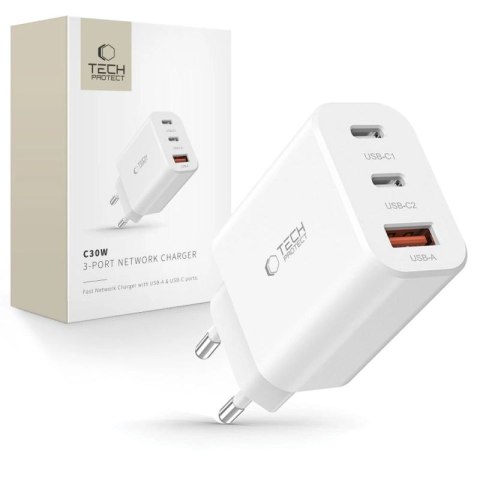 Ładowarka Tech-Protect NC30W sieciowa 2x USB-C PD 30W / USB-A QC 3.0 - biała Tech-Protect