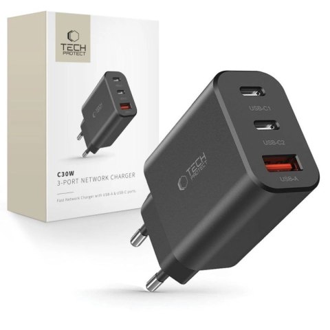 Ładowarka Tech-Protect NC30W sieciowa 2x USB-C PD 30W / USB-A QC 3.0 - czarna Tech-Protect
