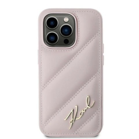 Etui Karl Lagerfeld Diagonal Quilted Script na iPhone 14 Pro Max - różowe Karl Lagerfeld