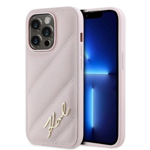 Etui Karl Lagerfeld Diagonal Quilted Script na iPhone 14 Pro - różowe Karl Lagerfeld