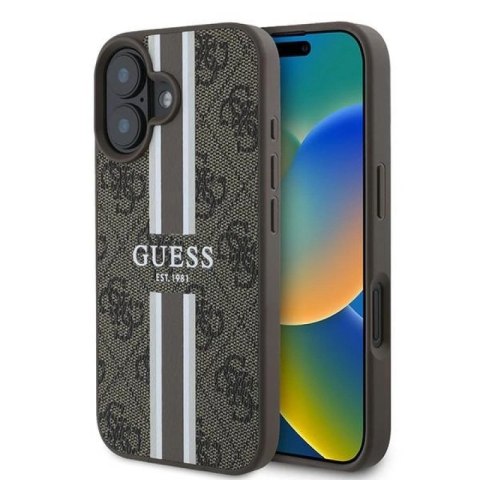 Etui Guess 4G Printed Stripes MagSafe na iPhone 16 Plus - brązowe Guess