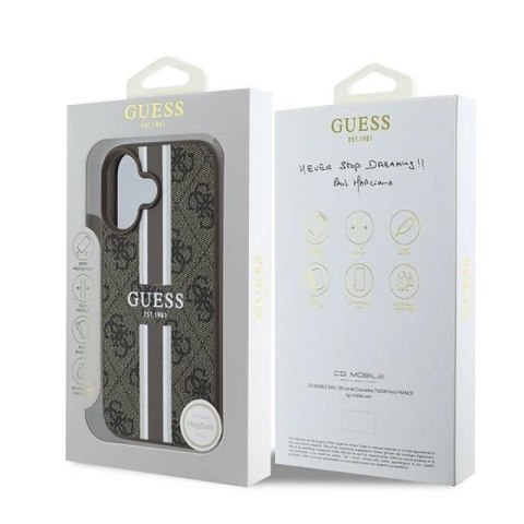 Etui Guess 4G Printed Stripes MagSafe na iPhone 16 Plus - brązowe Guess