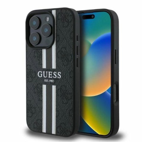 Etui Guess 4G Printed Stripes MagSafe na iPhone 16 Pro - czarne Guess