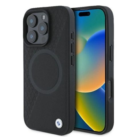 Etui BMW Signature Leather Half Textured & Circle MagSafe na iPhone 16 Pro - czarne BMW