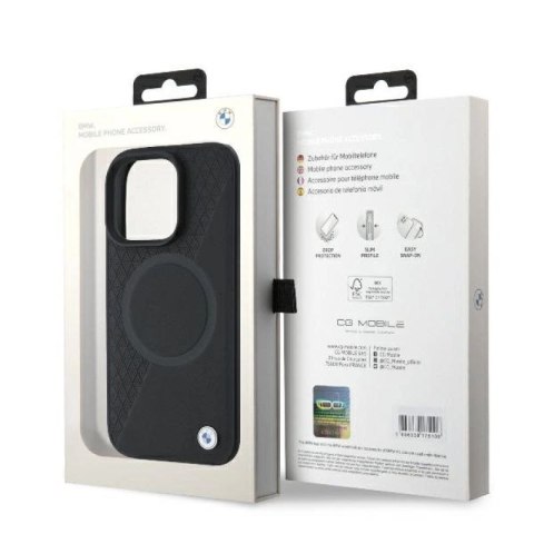Etui BMW Signature Leather Half Textured & Circle MagSafe na iPhone 16 Pro - czarne BMW