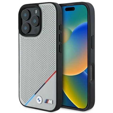 Etui BMW M Perforated Tricolor Line MagSafe na iPhone 16 Pro - szare BMW