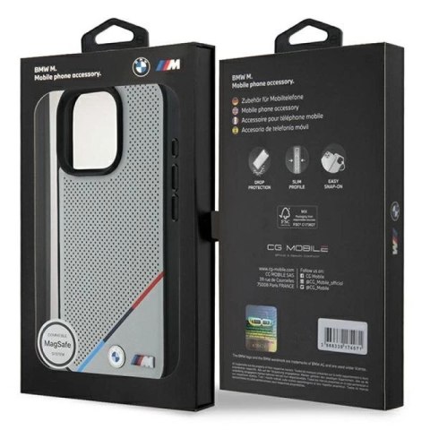 Etui BMW M Perforated Tricolor Line MagSafe na iPhone 16 Pro - szare BMW