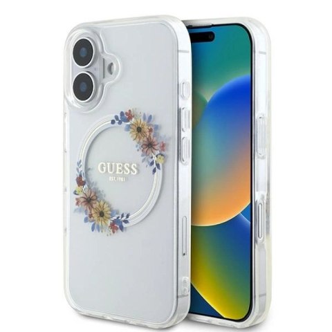 Etui Guess IML Flowers Wreath MagSafe na iPhone 16 Plus - przezroczyste Guess