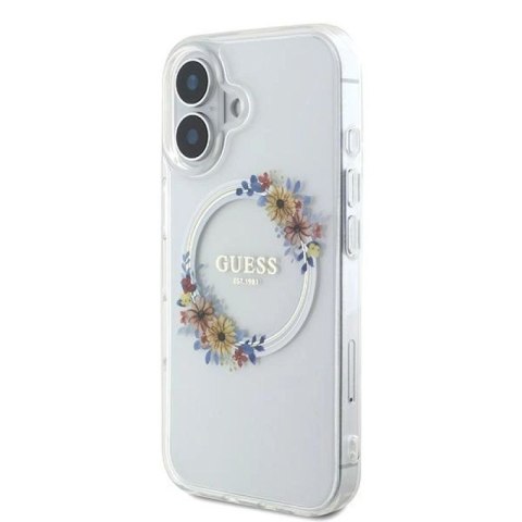 Etui Guess IML Flowers Wreath MagSafe na iPhone 16 Plus - przezroczyste Guess