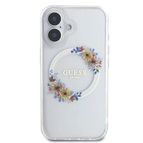 Etui Guess IML Flowers Wreath MagSafe na iPhone 16 Plus - przezroczyste Guess