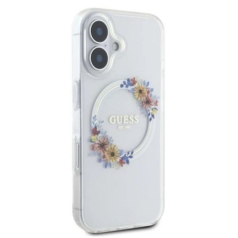Etui Guess IML Flowers Wreath MagSafe na iPhone 16 Plus - przezroczyste Guess