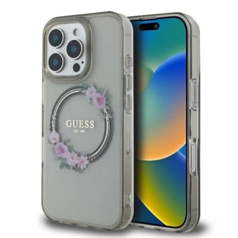 Etui Guess IML Flowers Wreath MagSafe na iPhone 16 Pro - czarne Guess