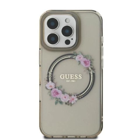 Etui Guess IML Flowers Wreath MagSafe na iPhone 16 Pro - czarne Guess
