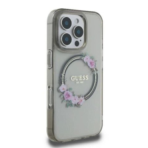 Etui Guess IML Flowers Wreath MagSafe na iPhone 16 Pro - czarne Guess