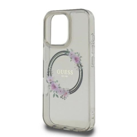 Etui Guess IML Flowers Wreath MagSafe na iPhone 16 Pro - czarne Guess
