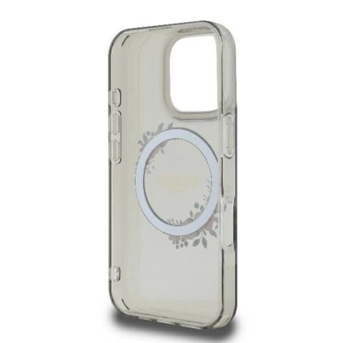 Etui Guess IML Flowers Wreath MagSafe na iPhone 16 Pro - czarne Guess