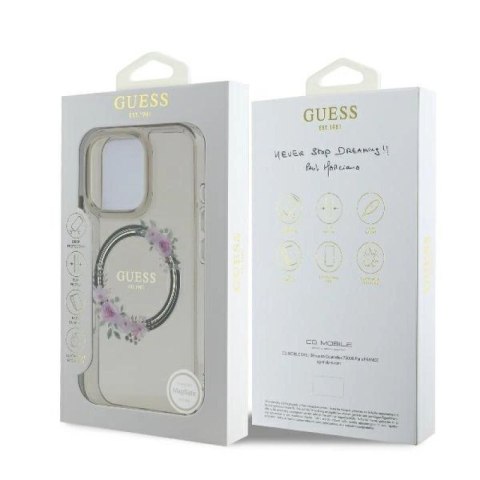 Etui Guess IML Flowers Wreath MagSafe na iPhone 16 Pro - czarne Guess