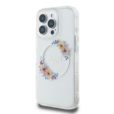 Etui Guess IML Flowers Wreath MagSafe na iPhone 16 Pro - przezroczyste Guess