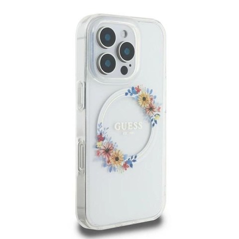 Etui Guess IML Flowers Wreath MagSafe na iPhone 16 Pro - przezroczyste Guess