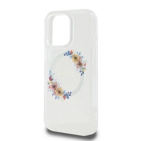 Etui Guess IML Flowers Wreath MagSafe na iPhone 16 Pro - przezroczyste Guess
