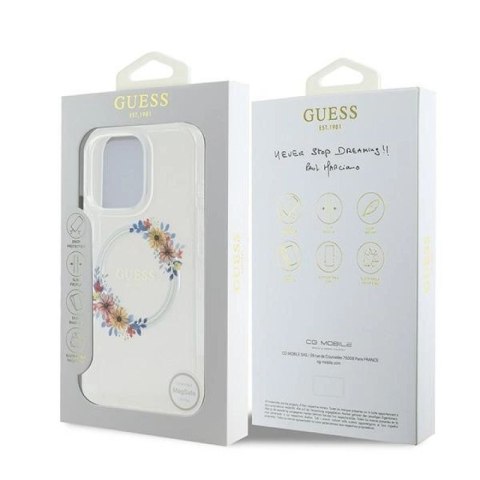 Etui Guess IML Flowers Wreath MagSafe na iPhone 16 Pro - przezroczyste Guess