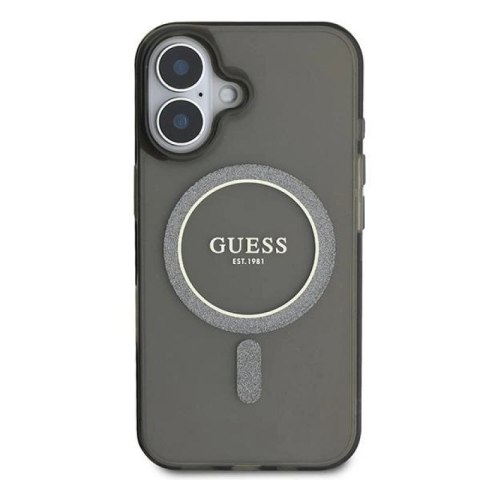 Etui Guess IML Glitter Circle MagSafe na iPhone 16 - czarne Guess