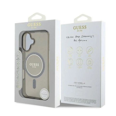 Etui Guess IML Glitter Circle MagSafe na iPhone 16 - czarne Guess