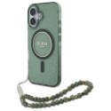 Etui Guess IML Glitter With Pearl Strap MagSafe na iPhone 16 Plus - zielone Guess