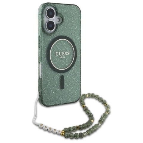 Etui Guess IML Glitter With Pearl Strap MagSafe na iPhone 16 Plus - zielone Guess