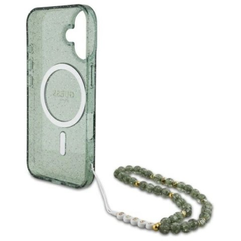 Etui Guess IML Glitter With Pearl Strap MagSafe na iPhone 16 Plus - zielone Guess