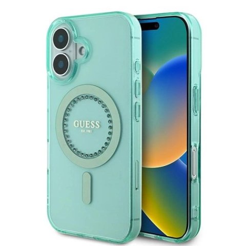 Etui Guess IML Rhinestones MagSafe na iPhone 16 Plus - zielone Guess