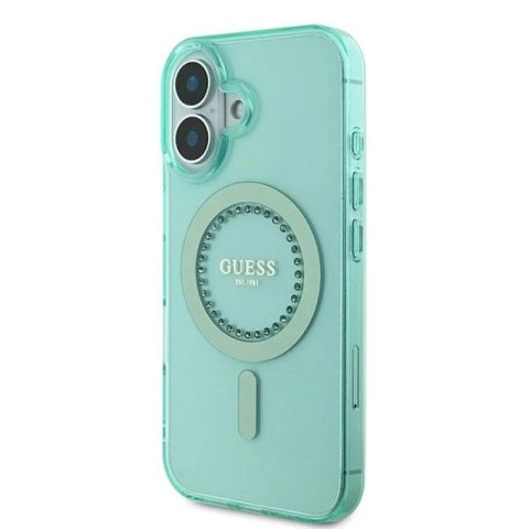 Etui Guess IML Rhinestones MagSafe na iPhone 16 Plus - zielone Guess