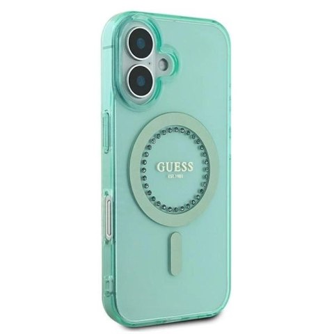 Etui Guess IML Rhinestones MagSafe na iPhone 16 Plus - zielone Guess