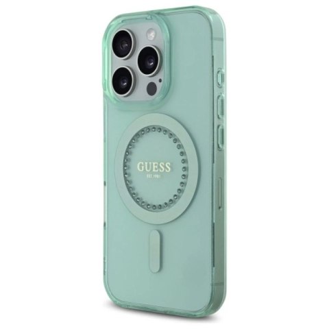 Etui Guess IML Rhinestones MagSafe na iPhone 16 Pro Max - zielone Guess